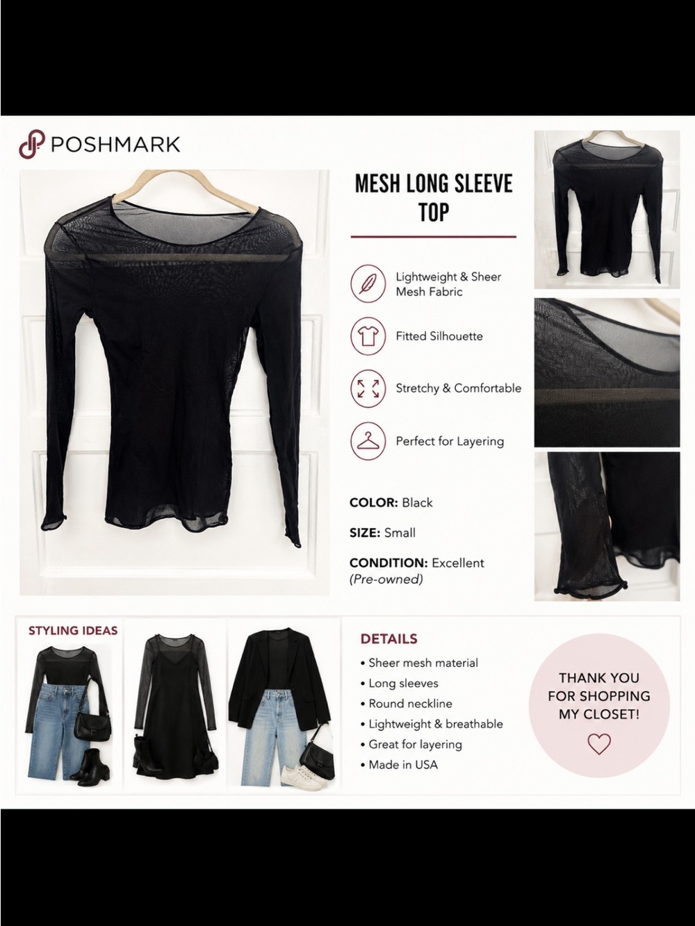 Black Mesh Long Sleeve Top - Sheer Layering Tee